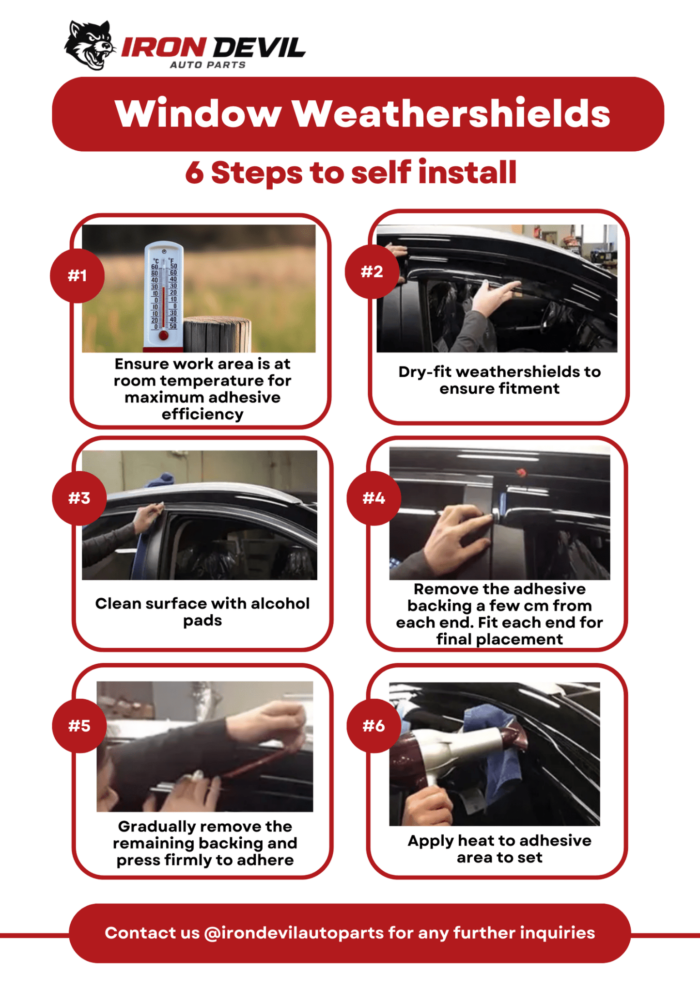 Step-by-step guide for installing window weathershields with Iron Devil branding.