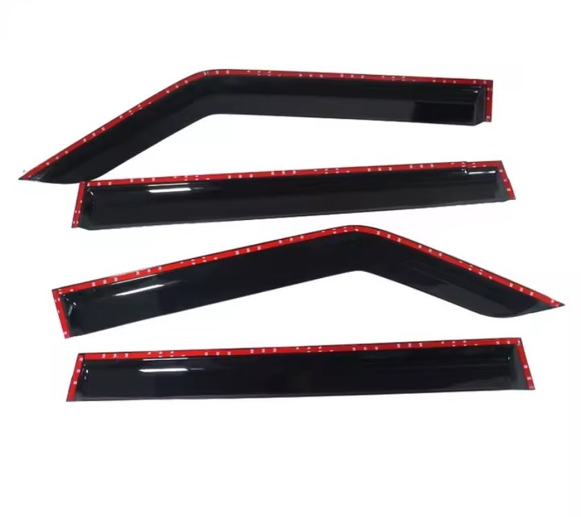 Four black window visors with red trim on a white background